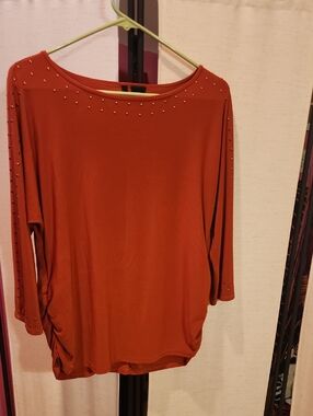 new directions Rust Stud-Trim Long Sleeve Top